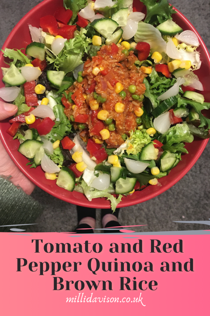 vegan salad bowl with tomato and red pepper quinoa